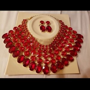 Ruby Red Rhinestone Bib Statement Necklace